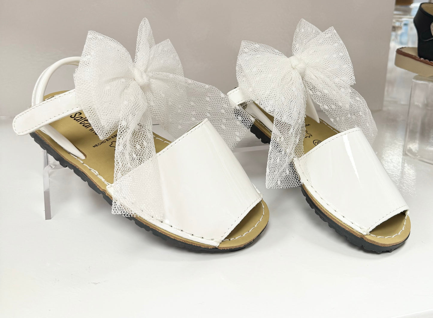 17403 White Tulle Polka Dot Bow Sandals