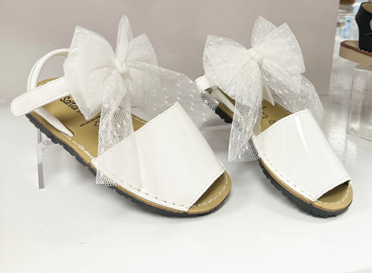 17403 White Tulle Polka Dot Bow Sandals
