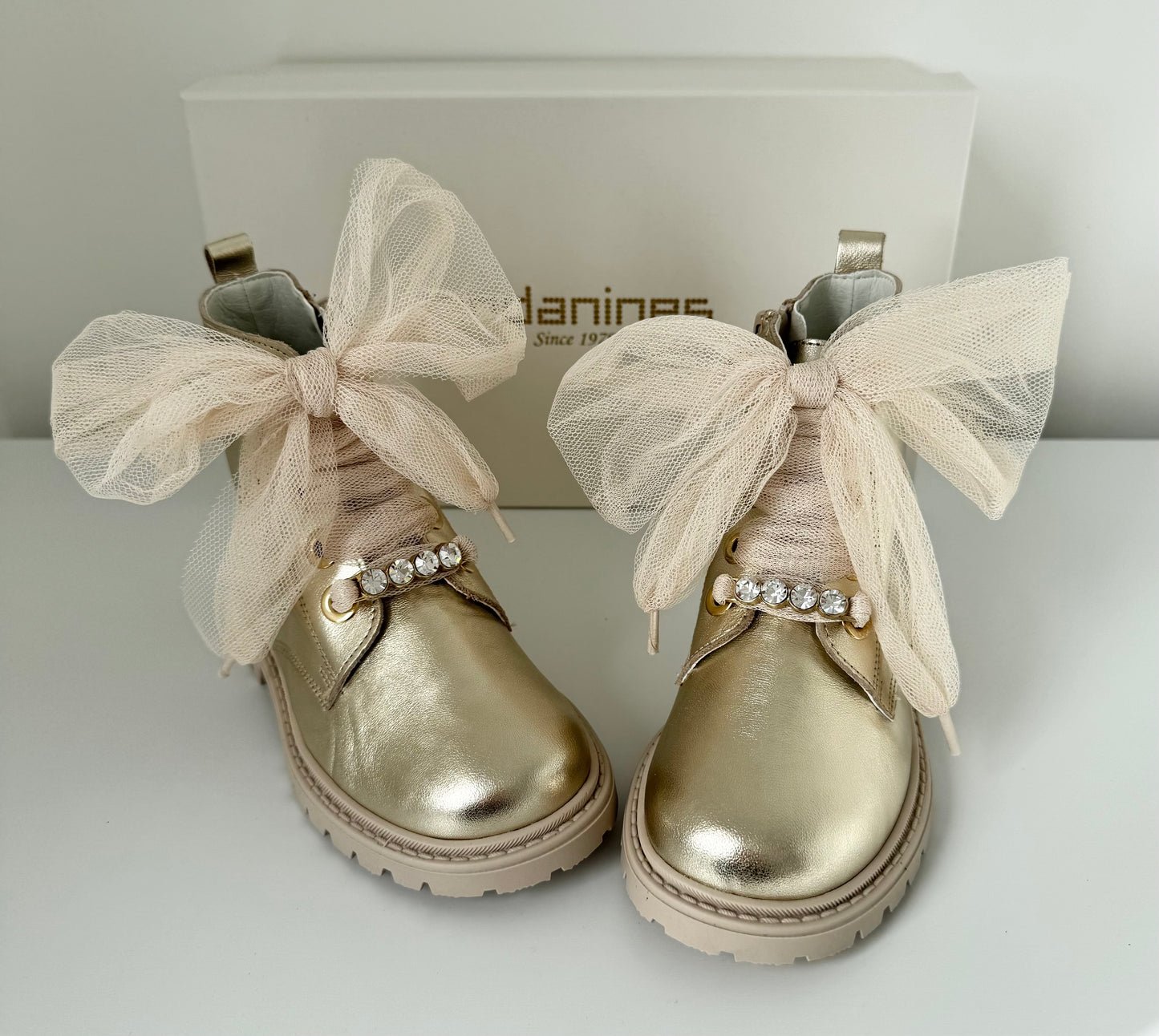 Gold Tulle Bow Boot By Andanines