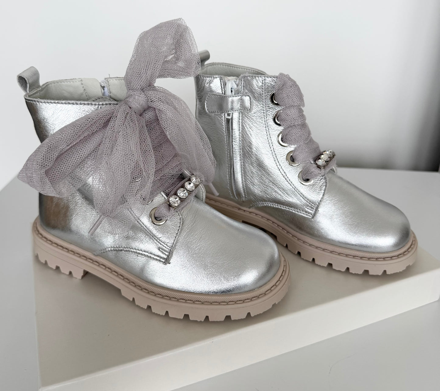 Silver Tulle Bow Boot By Andanines