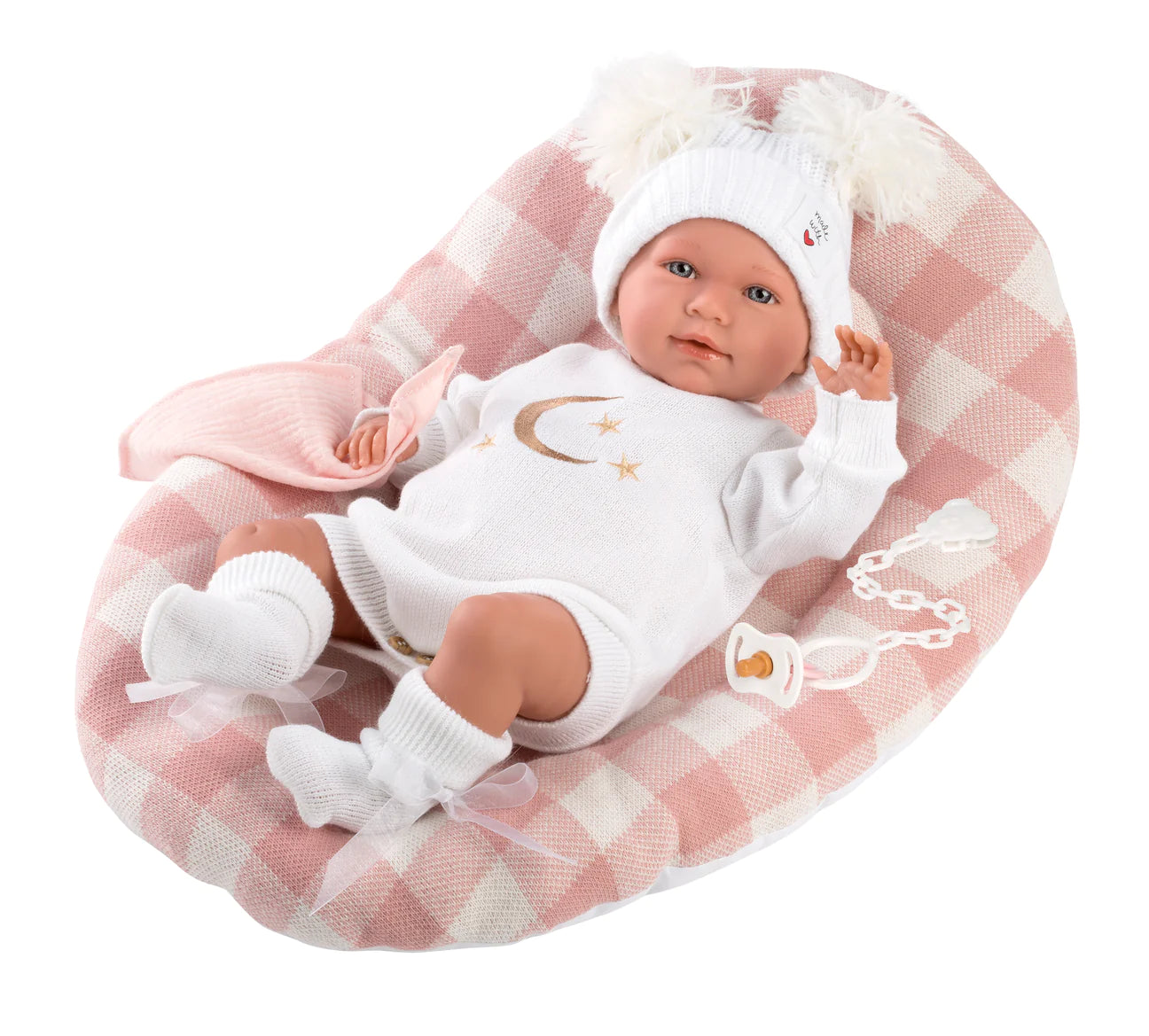 74034 Pink Check Bed Moon Llorens Crying Doll 42cm