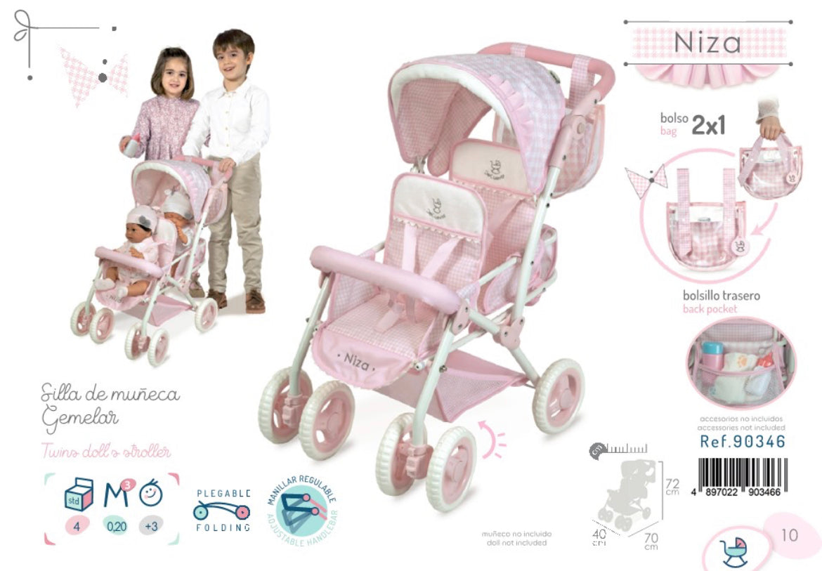 90346 Niza Pink Twin Pram By Decuevas (age 8 and under)