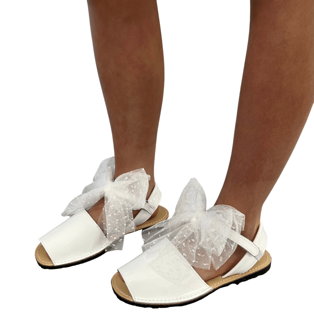 17403 White Tulle Polka Dot Bow Sandals - Fallons Kids
