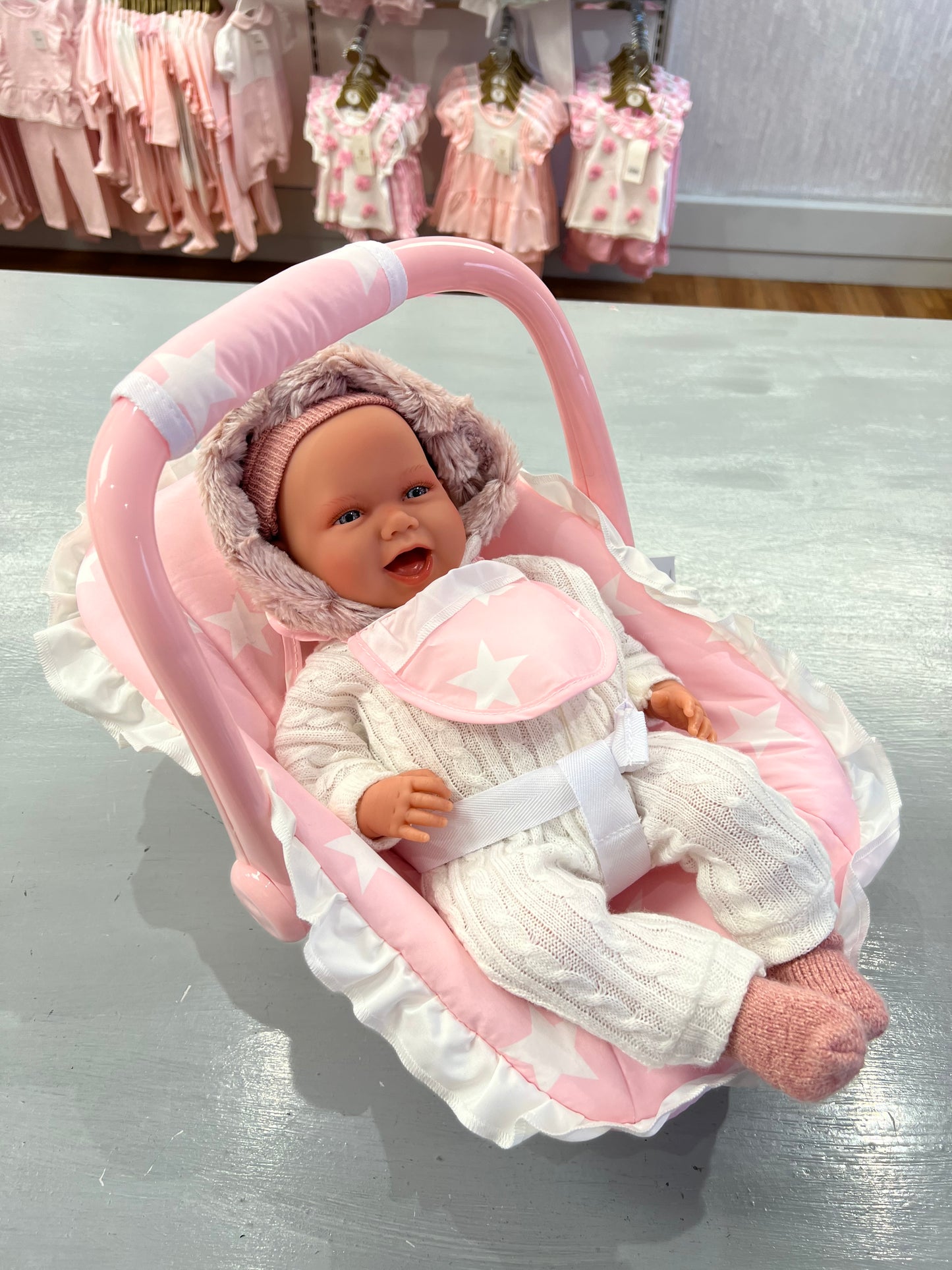 La Nina Carlota Pink & White Star Print Dolls Car Seat