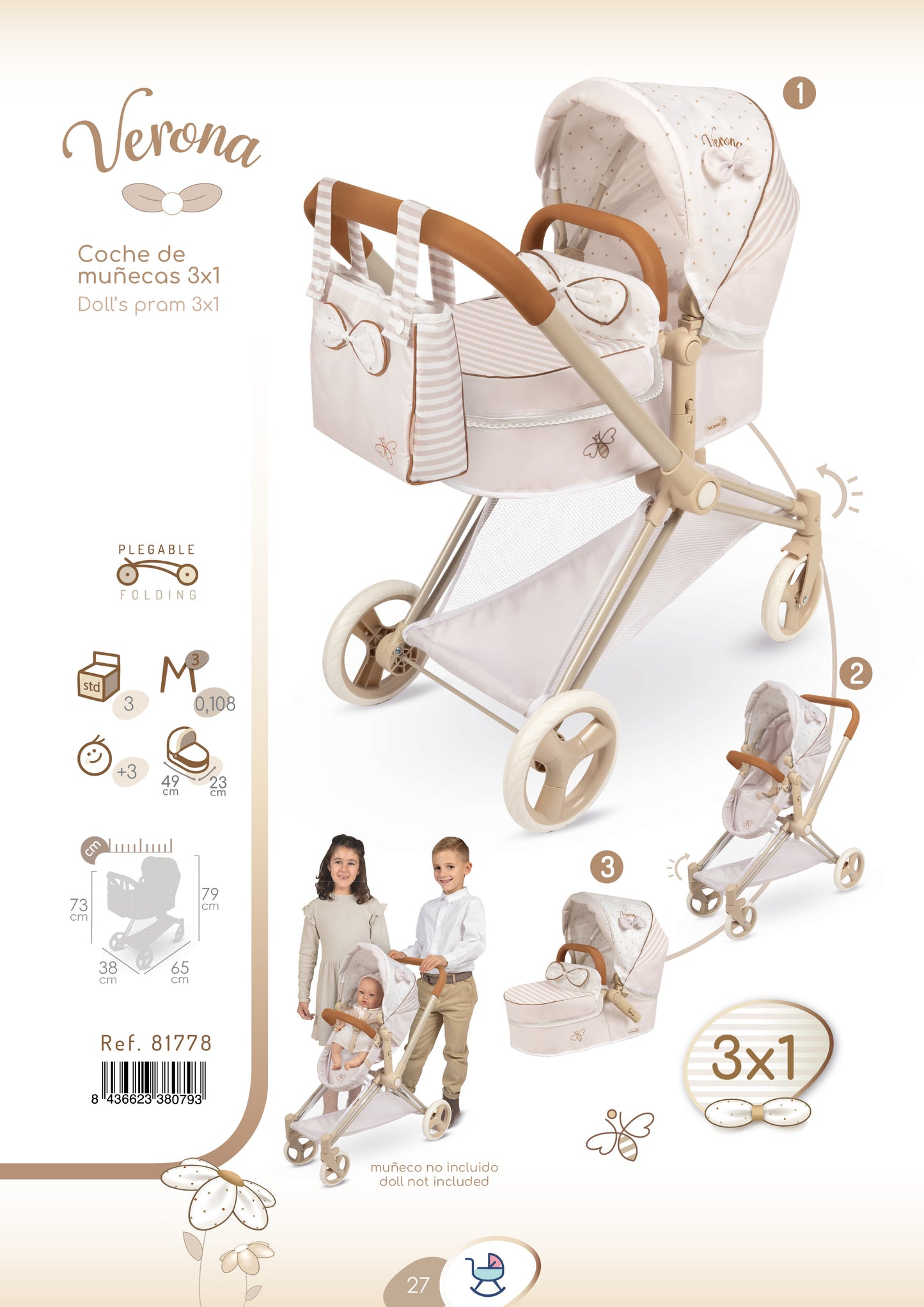81778 3x1 Doll Pram, Stroller & Cot - Verona Collection