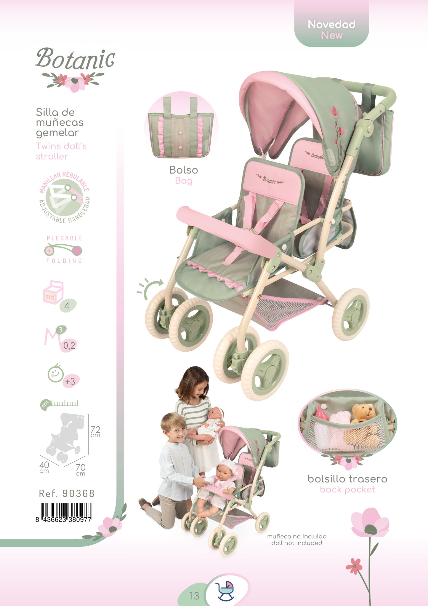 90368 Twin Doll Pram 72cm - Botanic Collection (age 4 and over)