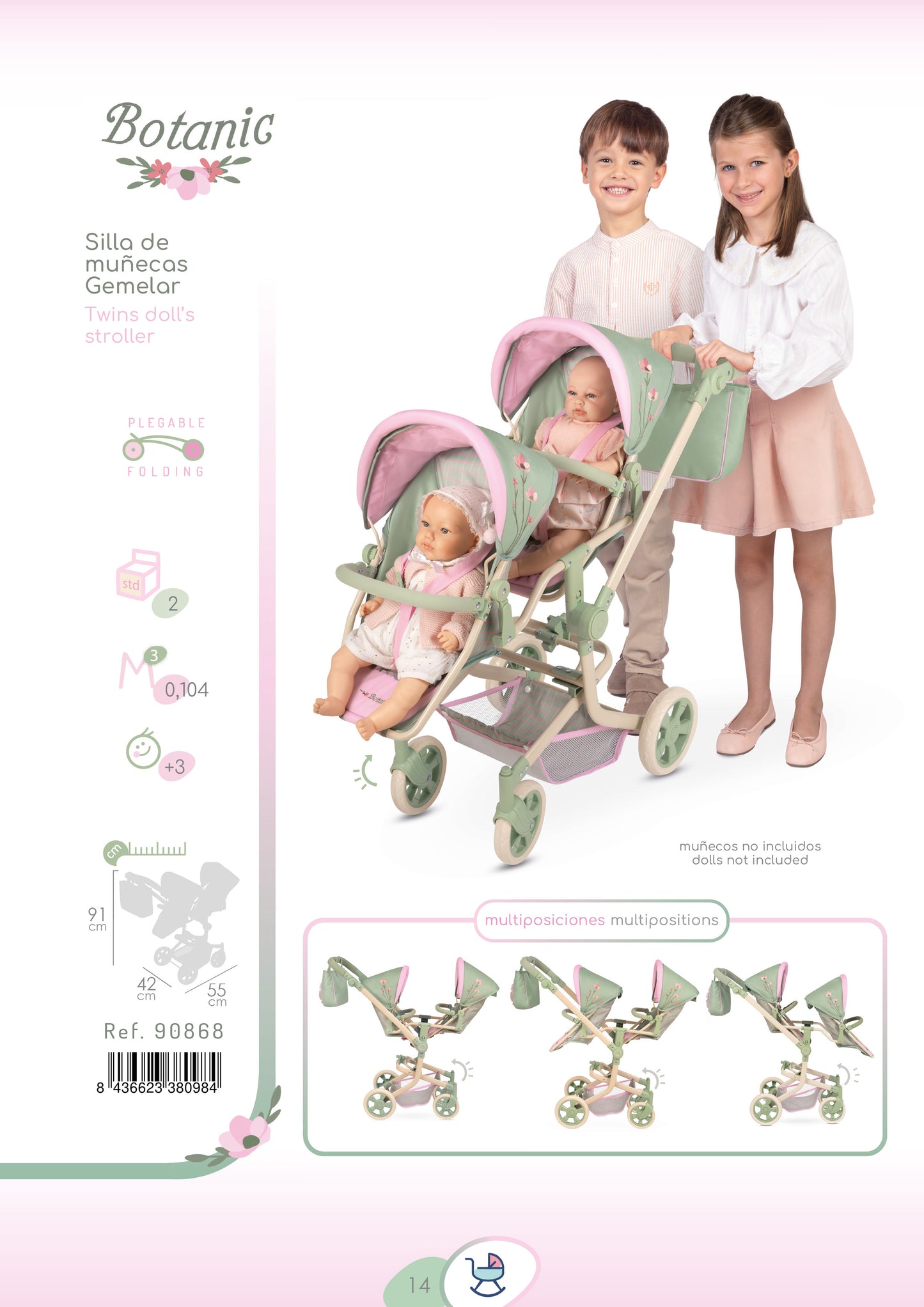 Decuevas Multi-Position Twin Doll Pram 91cm - Botanic Collection (age 5 and over)