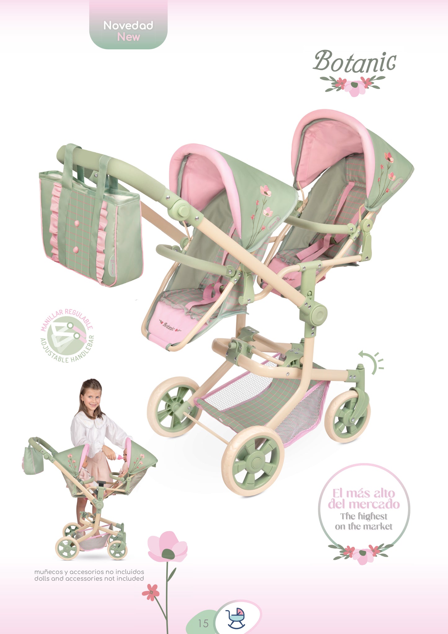 Decuevas Multi-Position Twin Doll Pram 91cm - Botanic Collection (age 5 and over)