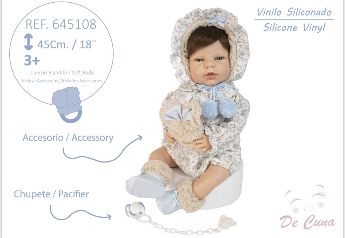 645108 Blue Romper Silicone Vinyl Doll 45CM