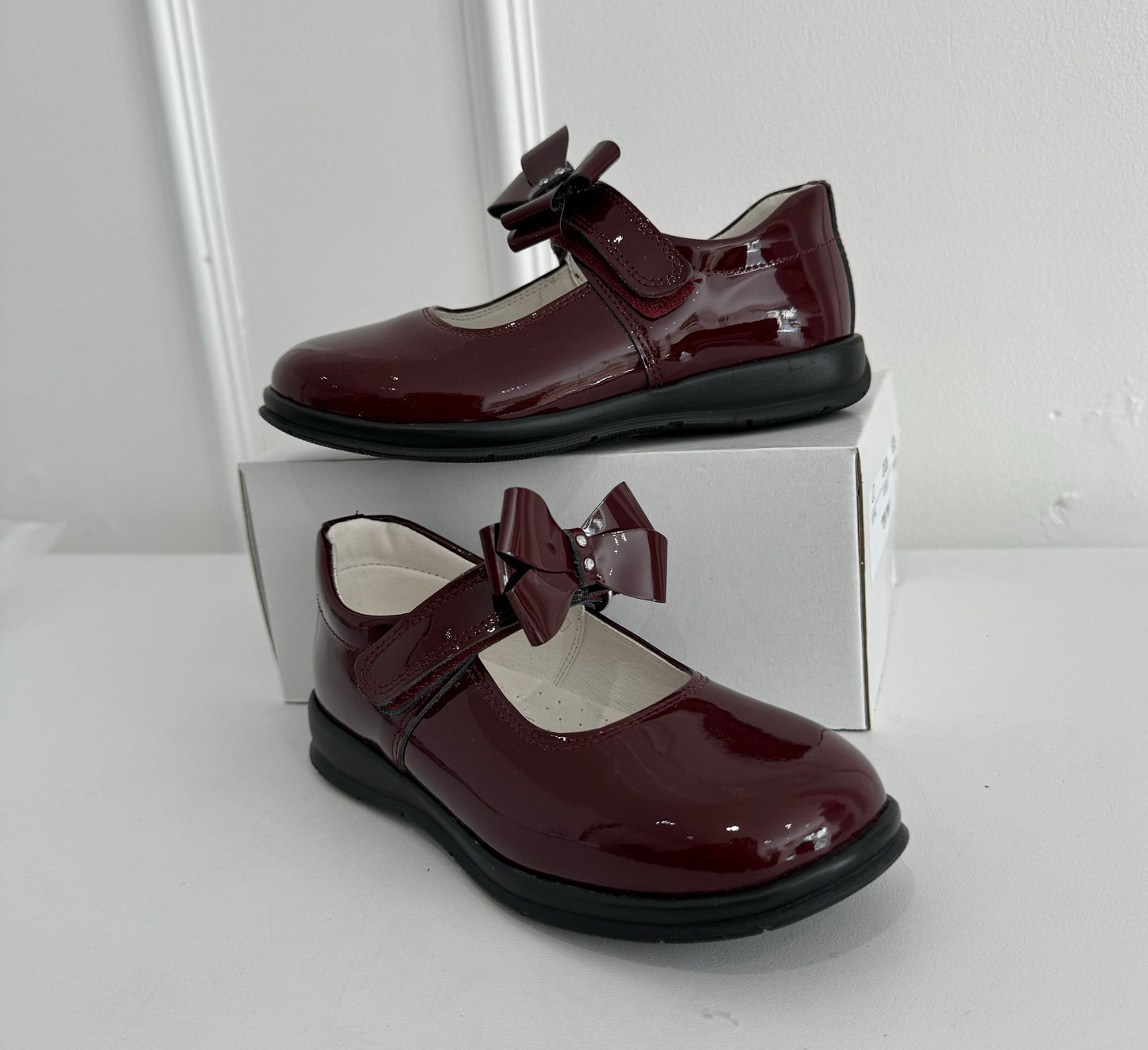 Burgundy School Shoes - Double Diamond Bow (Flat Sole)