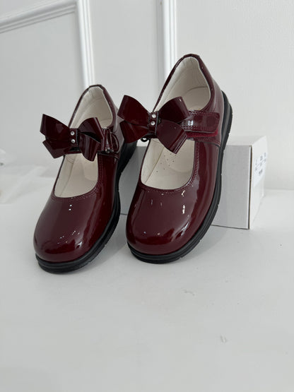 Burgundy School Shoes - Double Diamond Bow (Flat Sole)