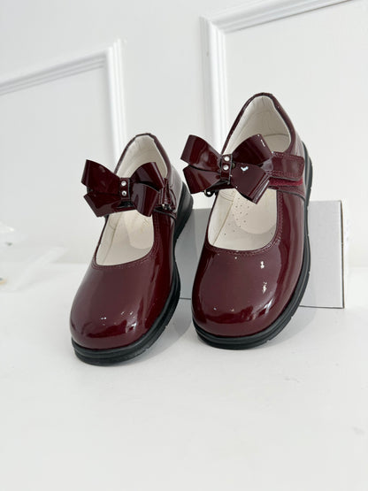 Burgundy School Shoes - Double Diamond Bow (Flat Sole)