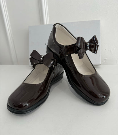 Brown School Shoes - Double Diamond Bow (Flat Sole)