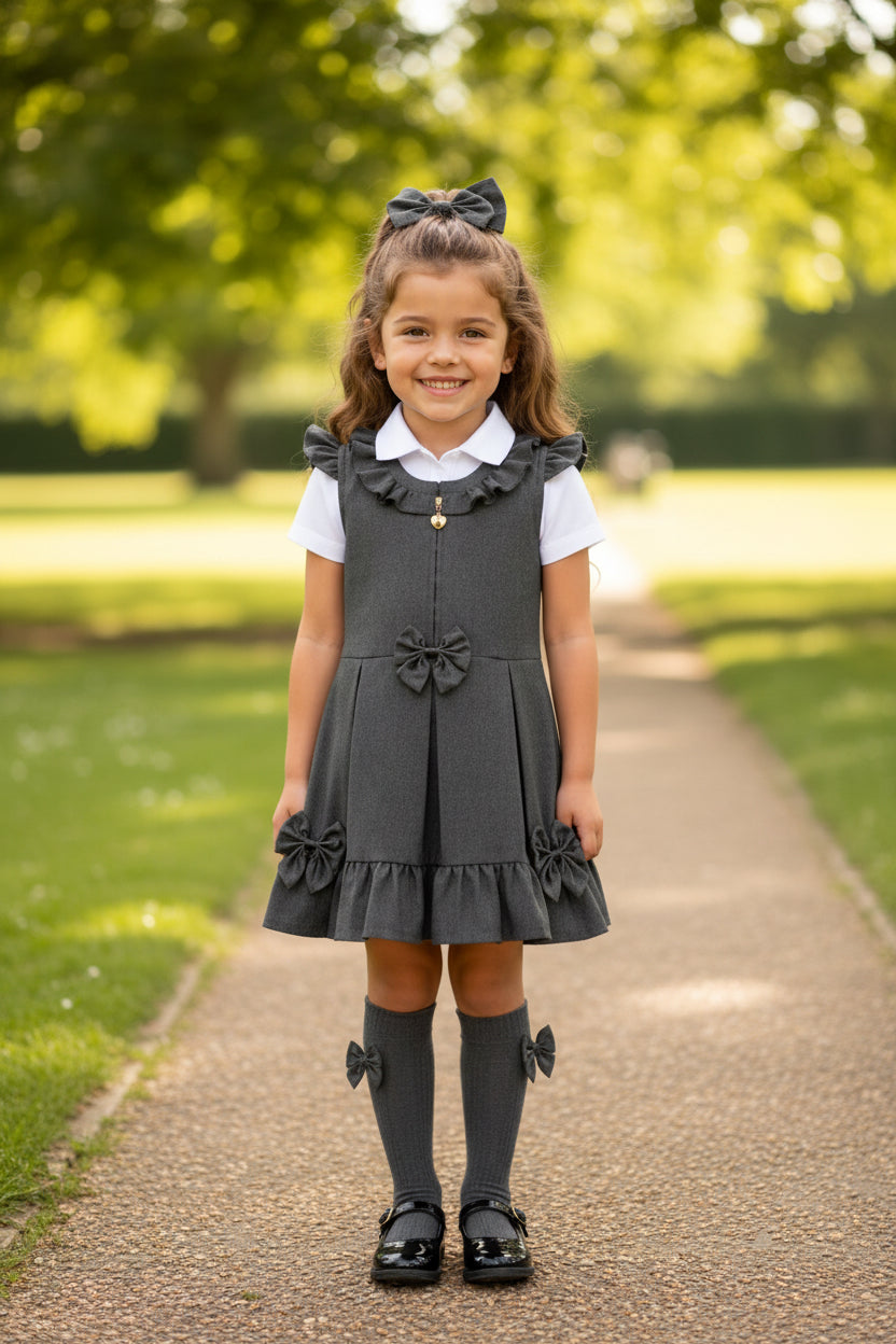 Grey Frill & Bow School Pinafore
