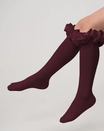 Burgundy Ruffle Knee School Socks