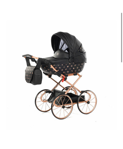 IMPERIAL CLASSIC BLACK & ROSE GOLD DOLL'S PRAM (1-2 days delivery)