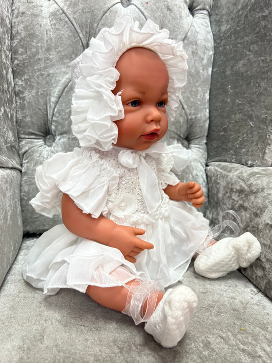 White Doll Frilly Dress Outfit & Pillow