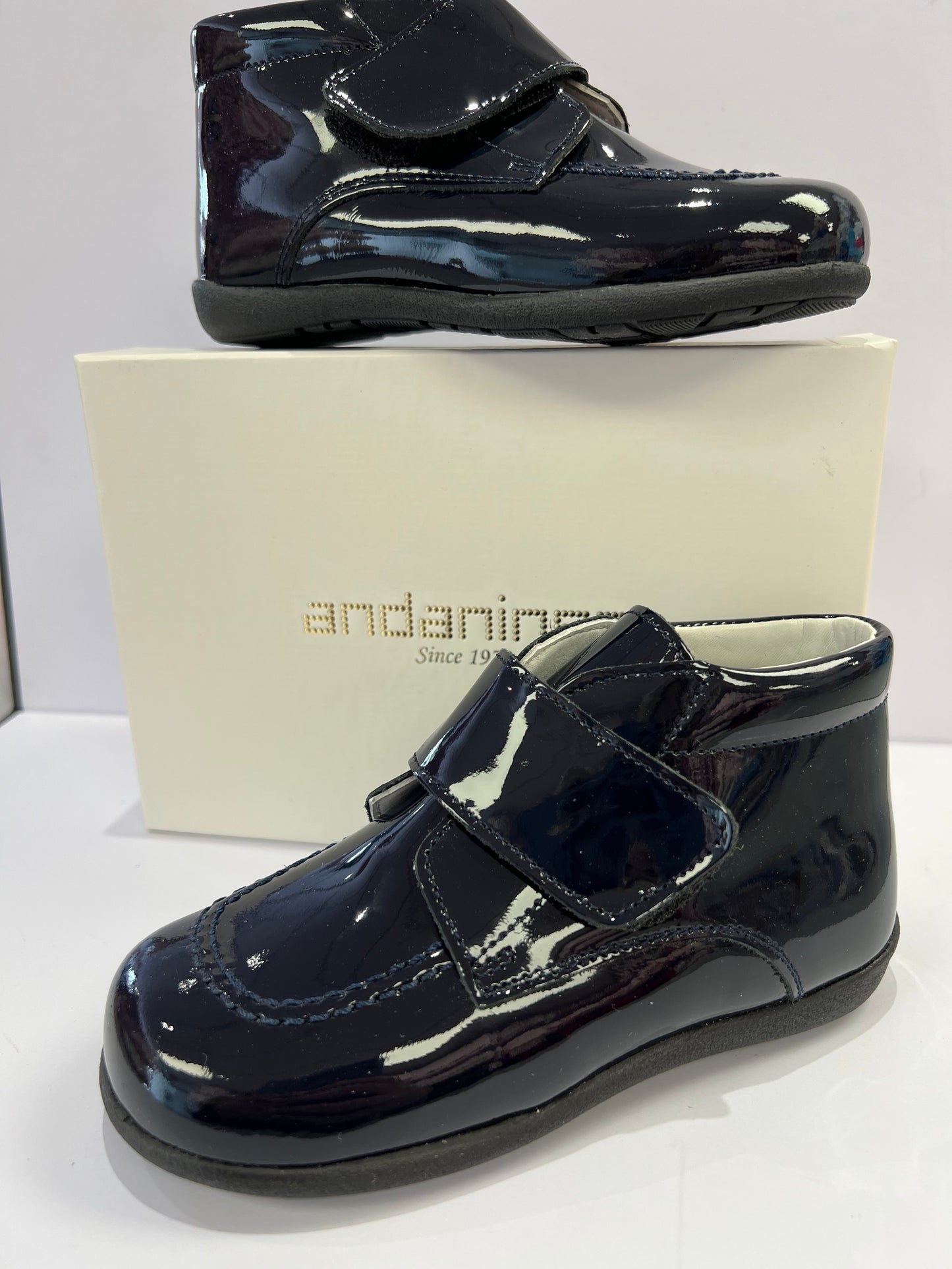 172833  Navy Patent Velcro Boot by Andanines