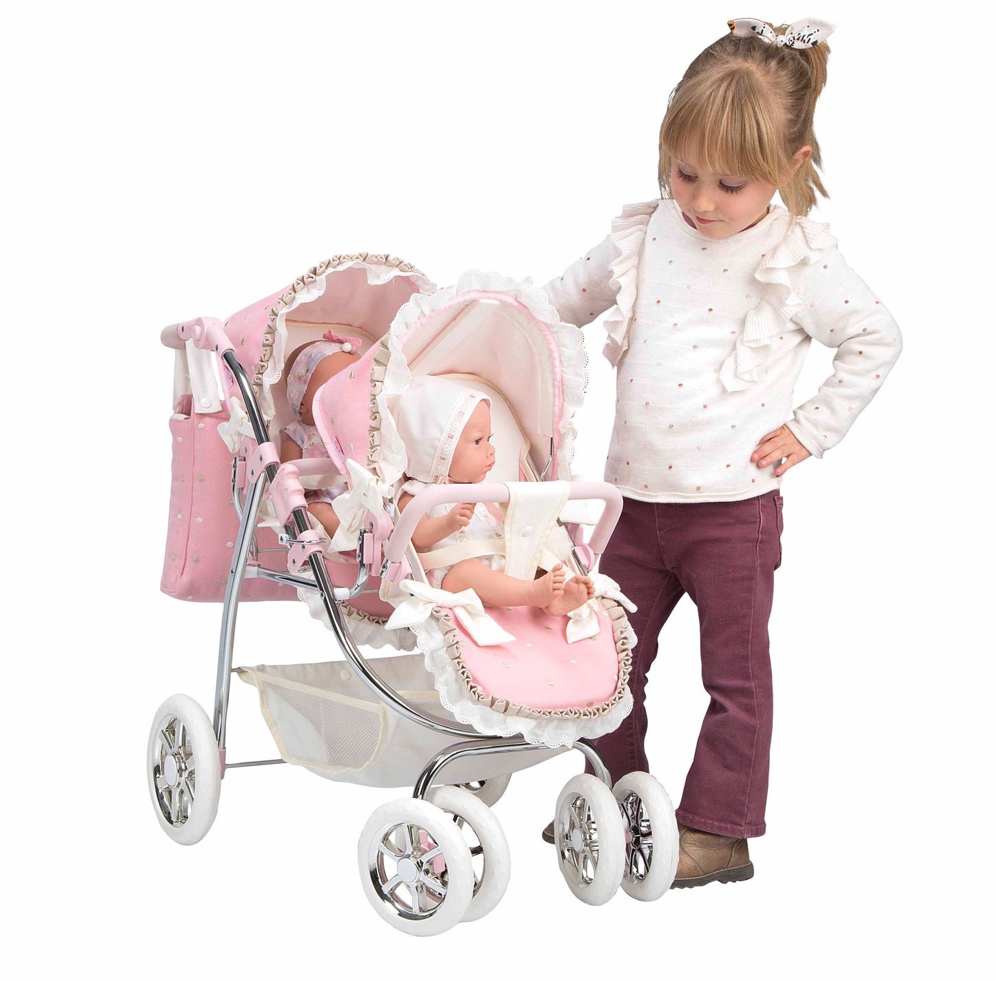 40822 Arias Pink Frill Twin Pram (age 4 to 9 roughly)