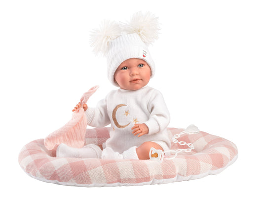 74034 Pink Check Bed Llorens Crying Doll 42cm